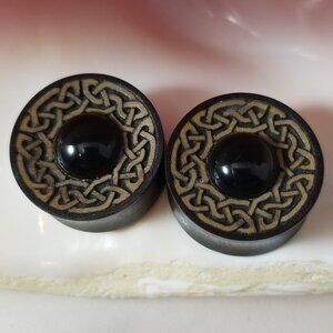 Pair 34mm Arang wood organic plugs gauge w onyx center and gold knotwork design